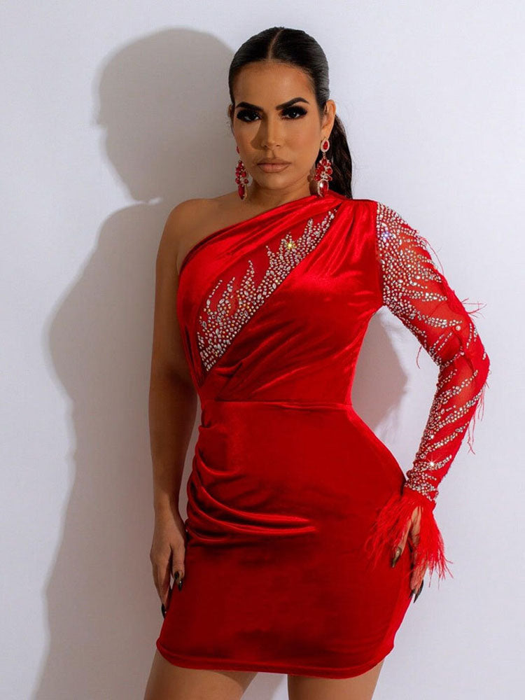 One Shoulder Rhinestone Bodycon Mini Dresses