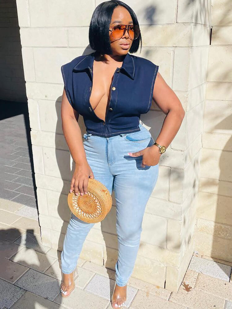 Denim Sleeveless Button Down Crop Tops