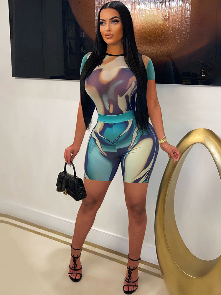 Two Piece Print Tops & Skinny Shorts