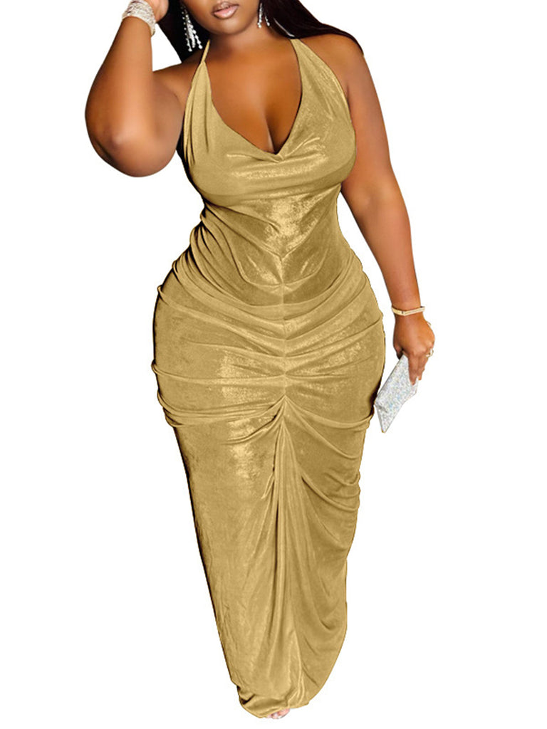 Halter Neck Sleeveless Ruched Maxi Dresses