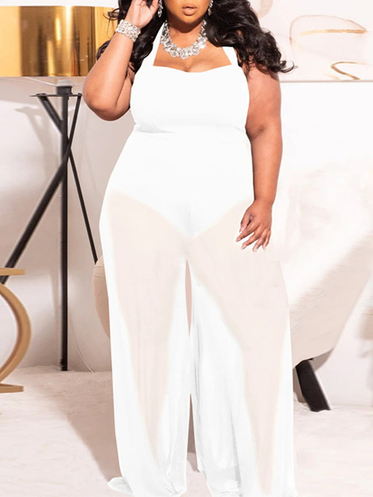 Halter Neck Backless Mesh Patchwork Jumpsuits