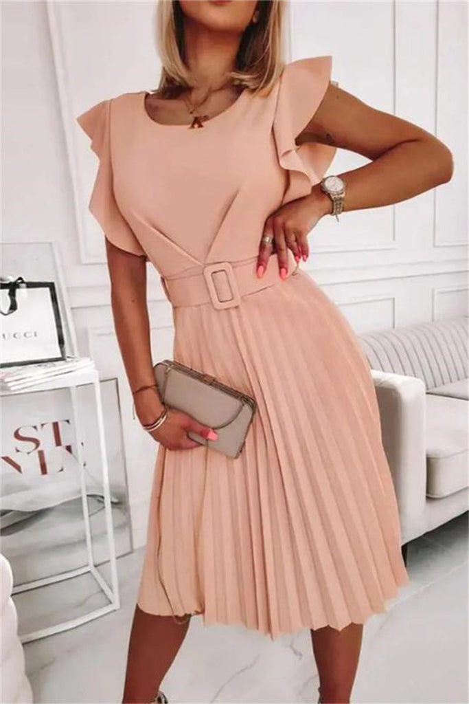 Fashion Casual Solid Patchwork O Neck Pleated Dresses