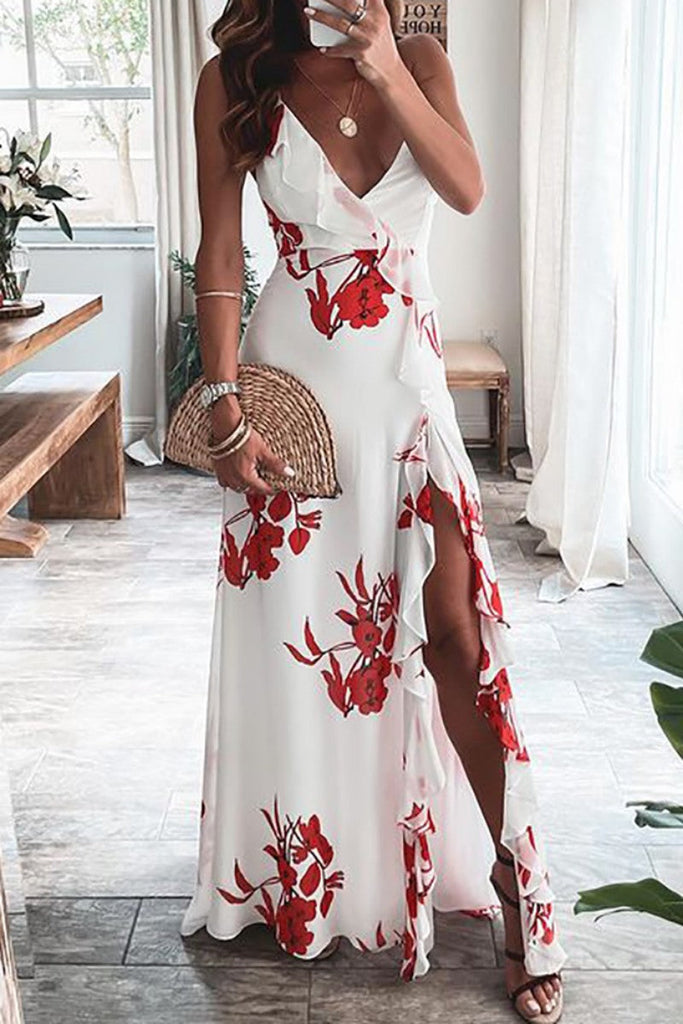 Sexy Print Patchwork Slit Spaghetti Strap Long Dresses