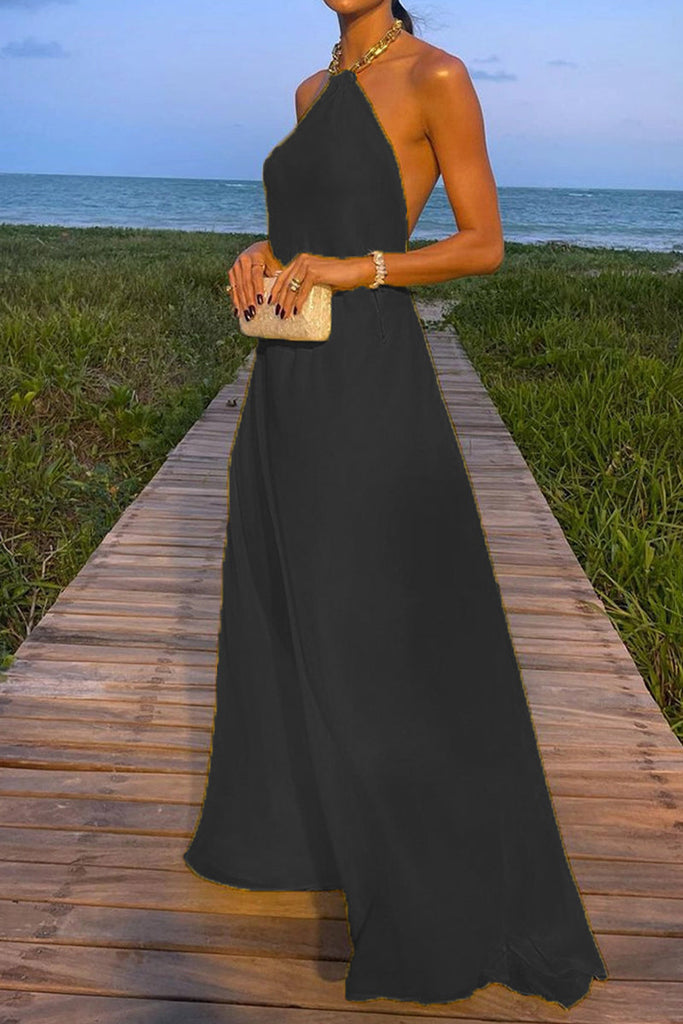 Sexy Simplicity Solid Metal Accessories Decoration Halter Sleeveless Dresses