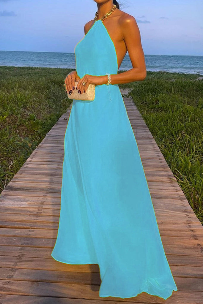 Sexy Simplicity Solid Metal Accessories Decoration Halter Sleeveless Dresses