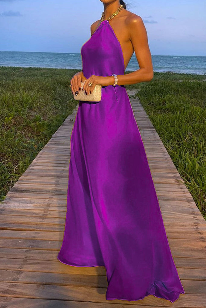 Sexy Simplicity Solid Metal Accessories Decoration Halter Sleeveless Dresses