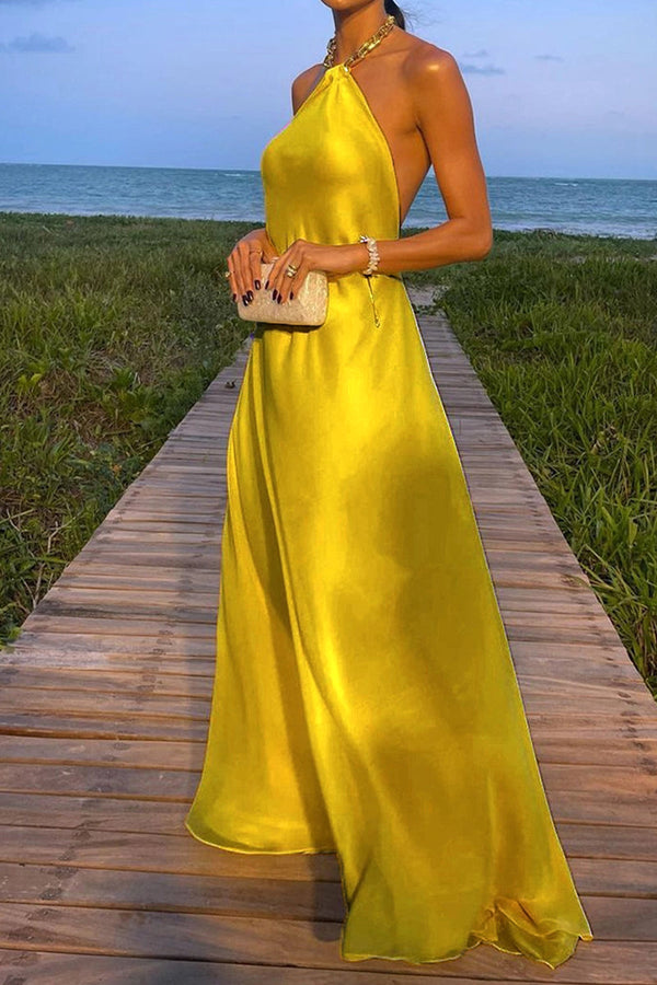 Sexy Simplicity Solid Metal Accessories Decoration Halter Sleeveless Dresses