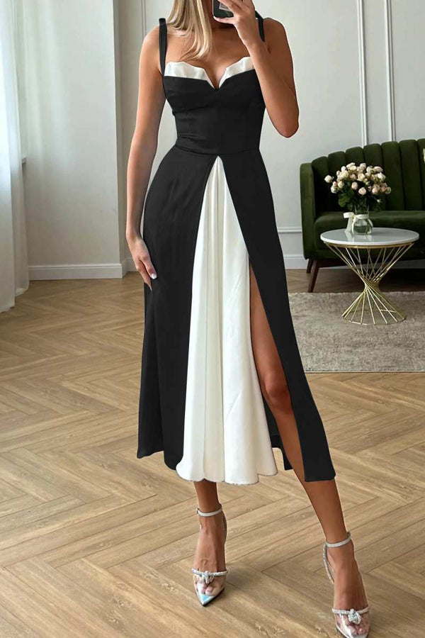 Sexy Casual Patchwork Backless Slit Contrast Spaghetti Strap Sleeveless Dresses