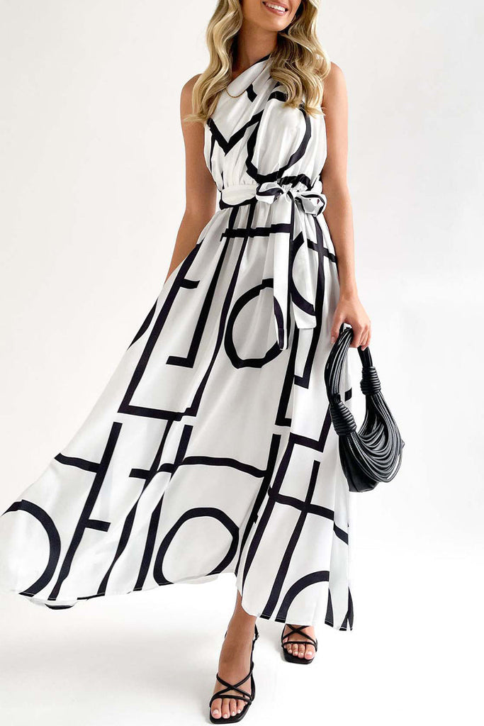 Street College Geometric Printing Oblique Collar Sleeveless Dresses