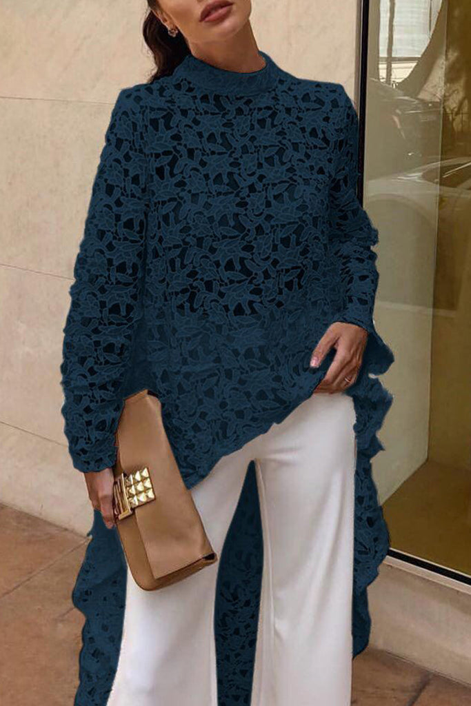 Sexy Solid Lace Hollowed Out Asymmetrical Half A Turtleneck Lace Dresses