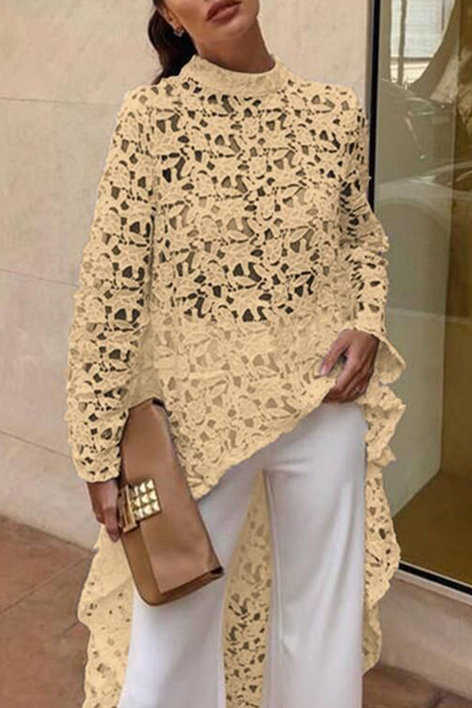 Sexy Solid Lace Hollowed Out Asymmetrical Half A Turtleneck Lace Dresses