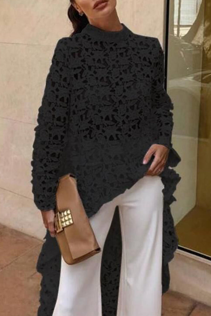 Sexy Solid Lace Hollowed Out Asymmetrical Half A Turtleneck Lace Dresses