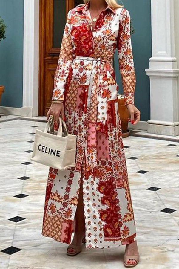 Elegant Floral Pocket Frenulum Turndown Collar Shirt Dresses