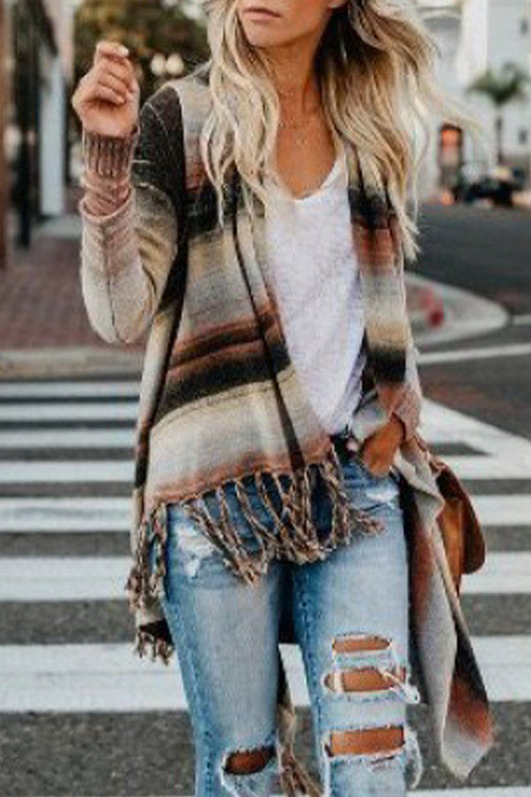 Casual Striped Tassel Buttons Cardigan Collar