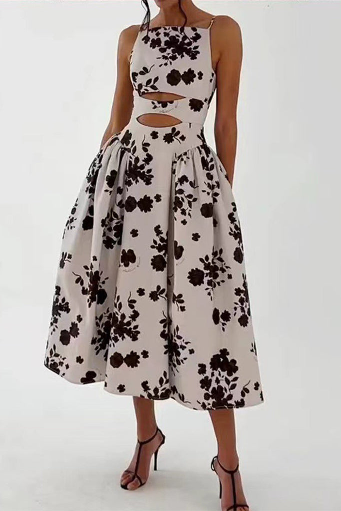 Sexy Floral Patchwork Backless Square Collar Printed Dresses