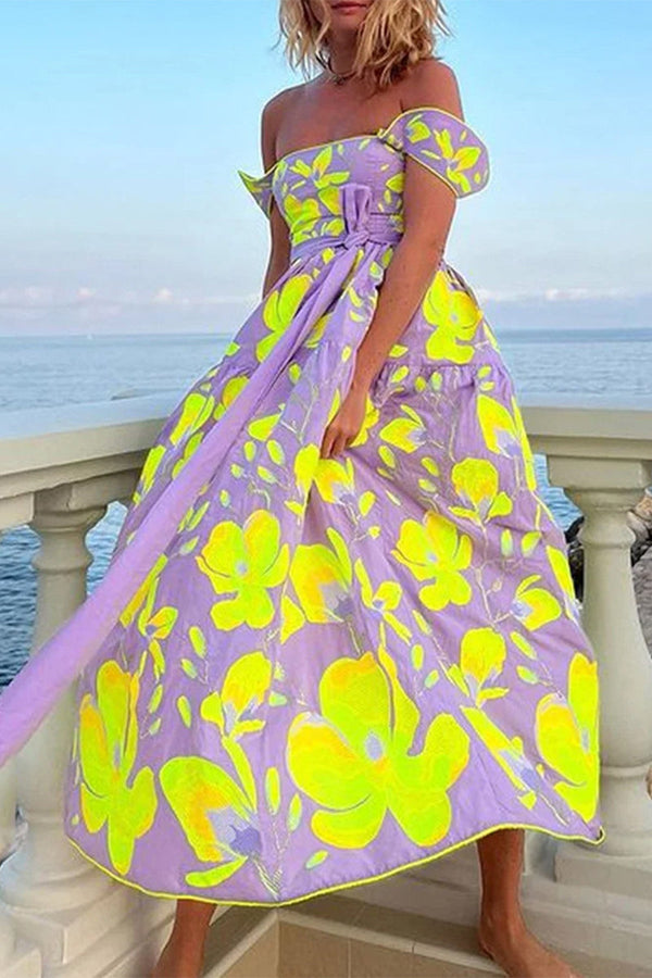 Casual Floral Bandage Off the Shoulder Printed Dresses