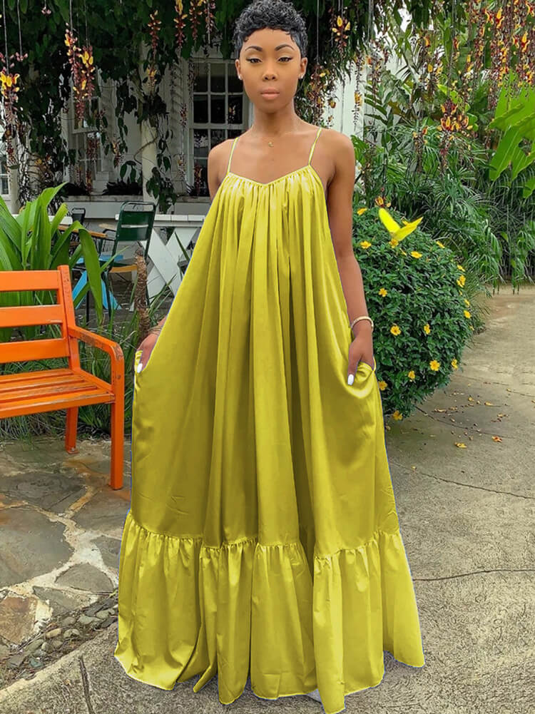 Plus Size Spaghetti Strap Ruffle Beach Maxi Swing Dresses