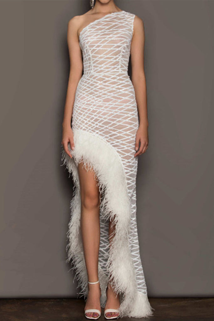 Sexy Party Solid See-through Feathers Oblique Collar Irregular Dresses