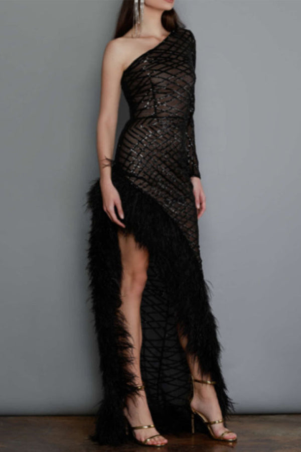 Sexy Party Solid See-through Feathers Oblique Collar Irregular Dresses