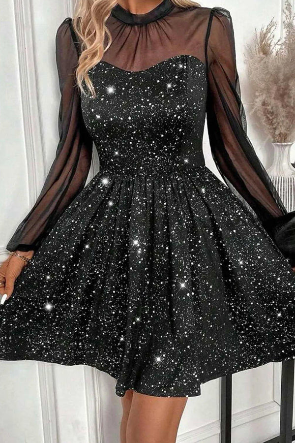 Sweet Solid Sequins Patchwork Mesh O Neck A Line Dresses