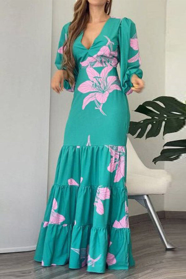 Elegant Floral Flounce Fold V Neck Printed Dresses