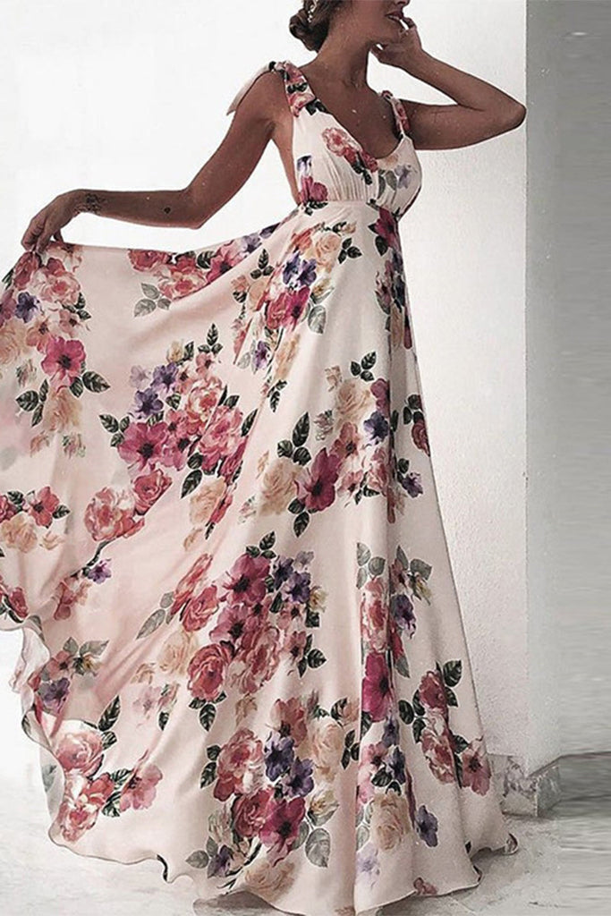 Elegant Floral Backless V Neck Printed Dresses