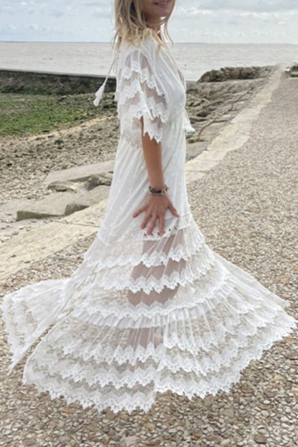 Sweet Elegant Solid Lace Tassel V Neck Short Sleeve Dresses