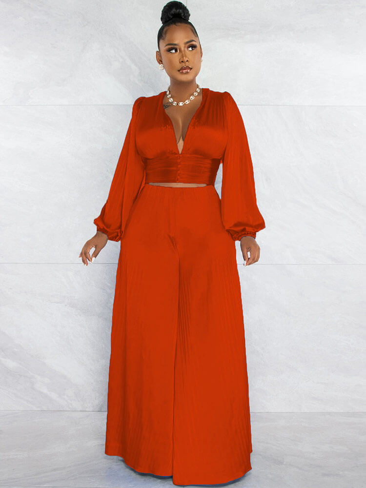 V Neck Crop Top Pleated Wide Leg Long Pants Set