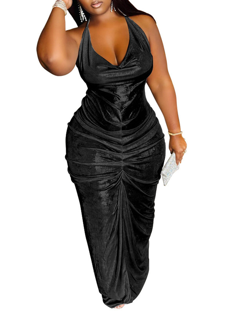 Halter Neck Sleeveless Ruched Maxi Dresses