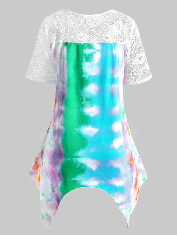 Plus Size Tie Dye Lace Insert Handkerchief T Shirt