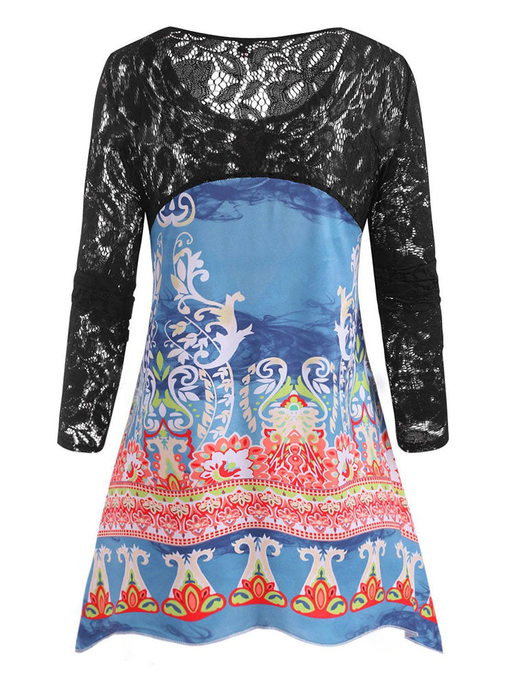 Plus Size Lace Insert Damask Print Handkerchief T Shirt