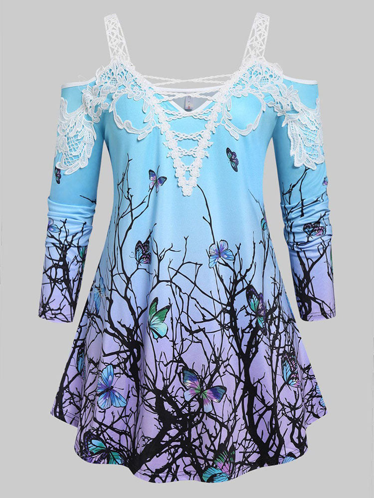 Plus Size Butterfly Print Cold Shoulder T Shirt
