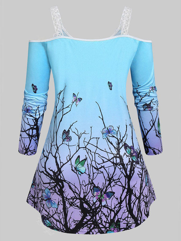 Plus Size Butterfly Print Cold Shoulder T Shirt