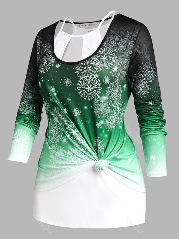 Plus Size Snowflake Print Christmas T-shirt and Tank Top Set