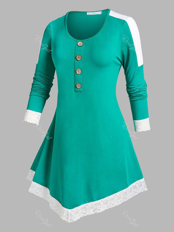 Plus Size Lace Trim Two Tone Irregular T-shirt