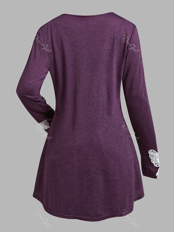 Plus Size Butterfly Lace Panel Henley T-shirt