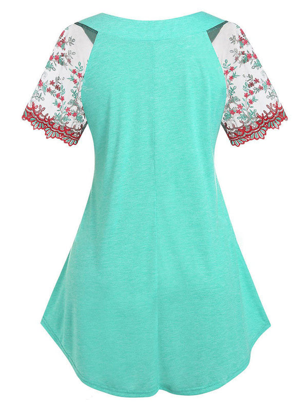 Plus Size Button Embroidered Lace Sleeve T Shirt