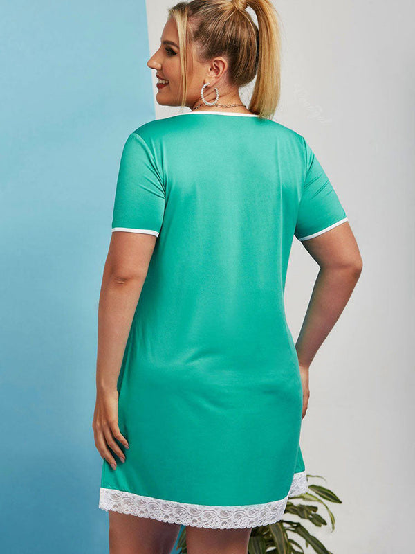 Plus Size Short Sleeve Lace Insert Mini Dress