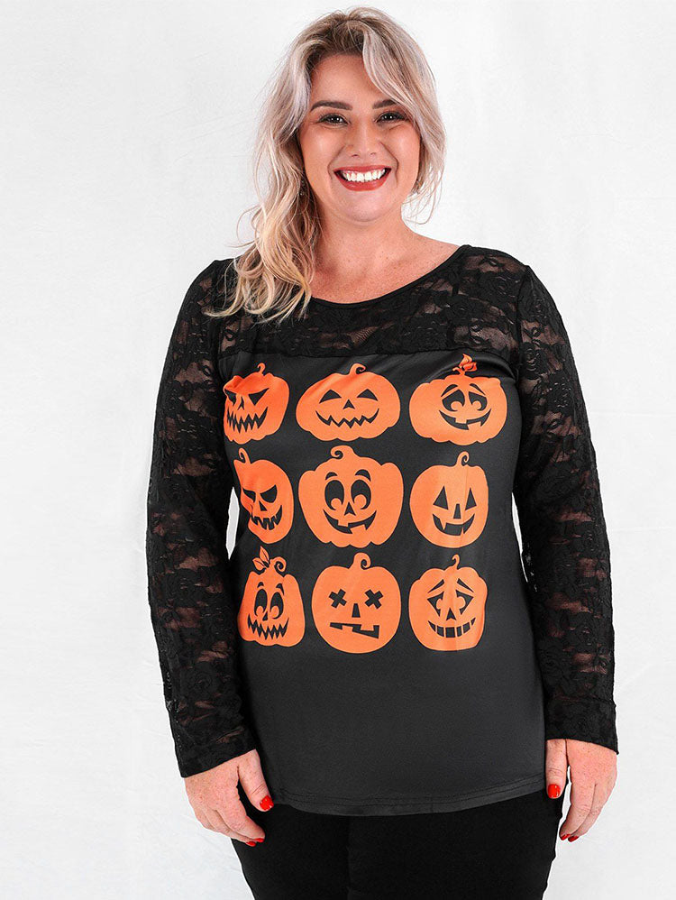 Plus Size Lace Sleeve Pumpkin Face Print Halloween Tee