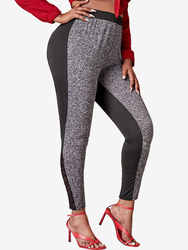 Plus Size Contrast Space Dye Lace Panel Jersey Leggings