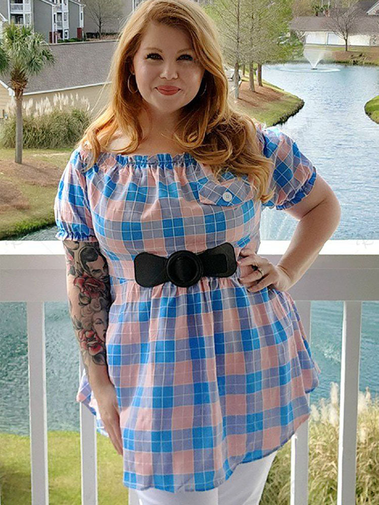 Plus Size Plaid Bowknot Off Shoulder Skirted Tunic Blouse