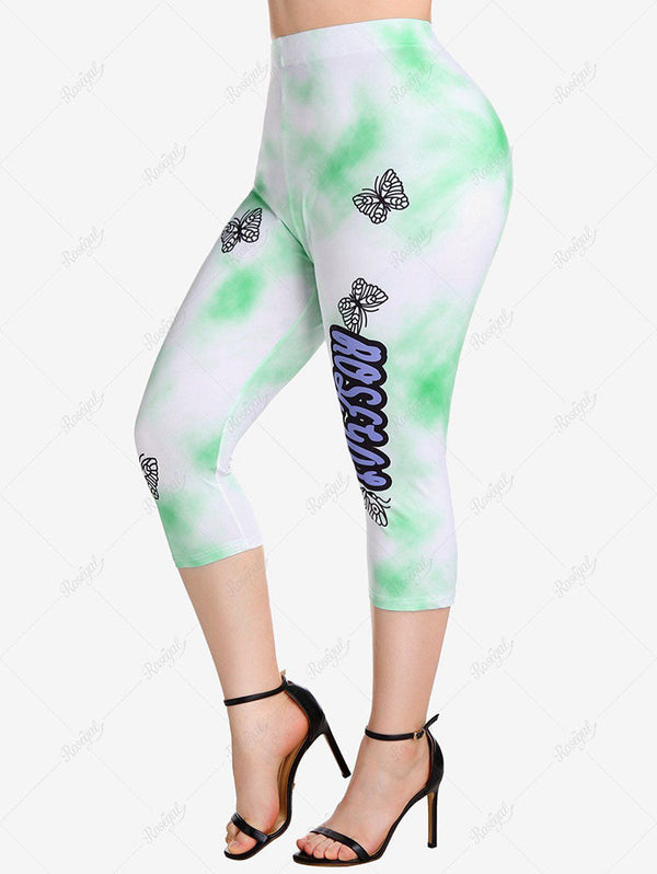 Plus Size Butterfly Tie Dye Slogan Print Capri Leggings