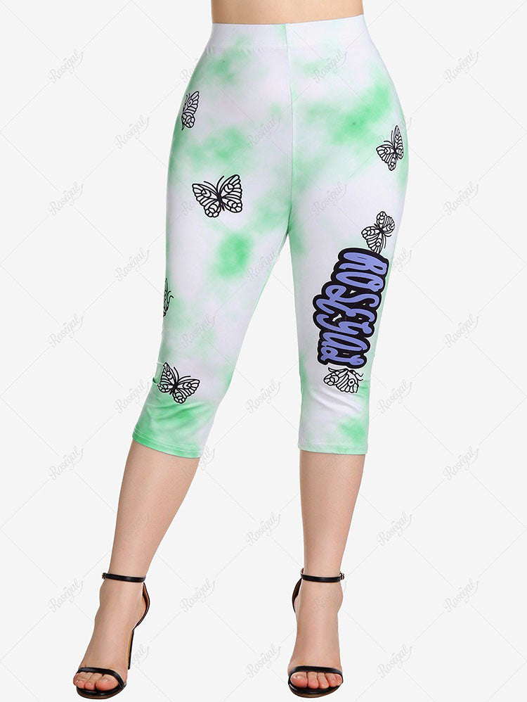 Plus Size Butterfly Tie Dye Slogan Print Capri Leggings