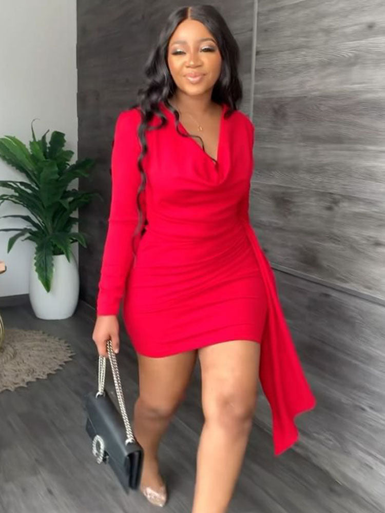 Long Sleeves Cowl Neck Ruched Mini Dresses