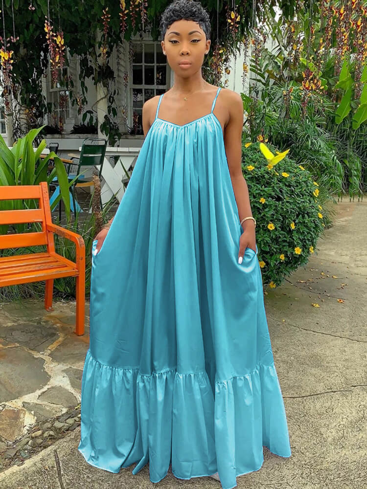 Plus Size Spaghetti Strap Ruffle Beach Maxi Swing Dresses