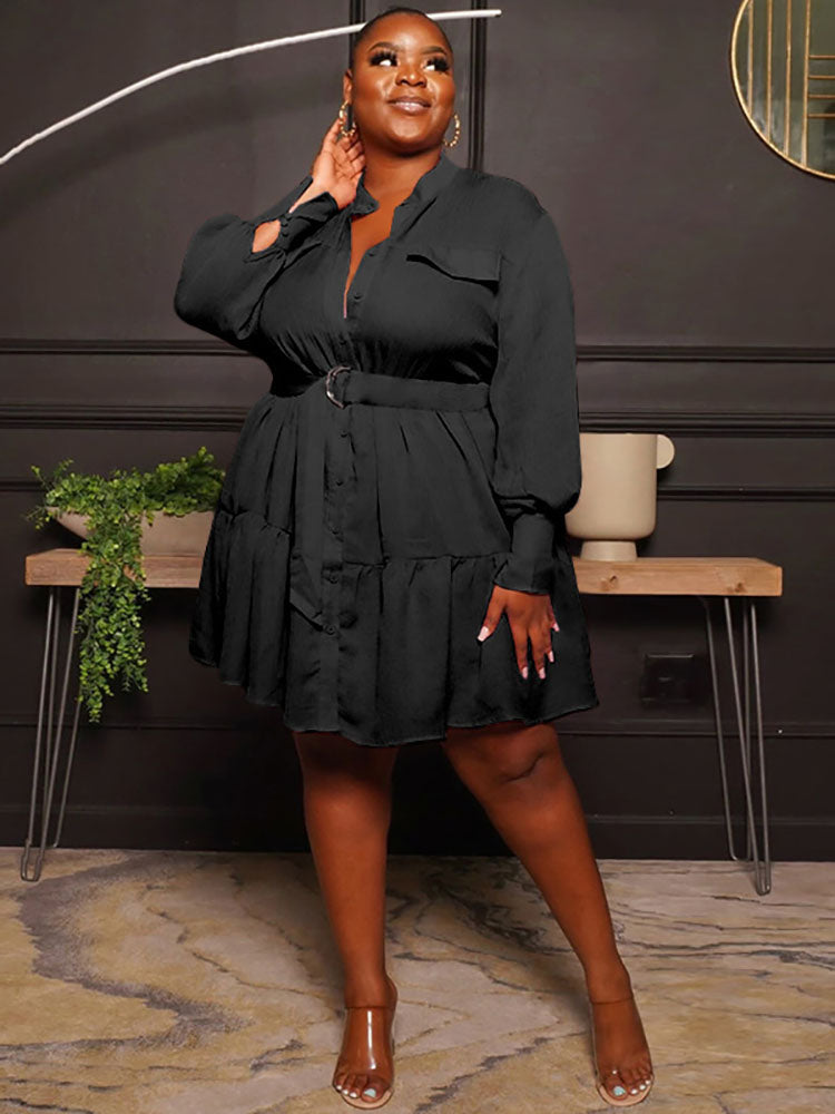 Plus Size Long Sleeves Ruffle Hem Midi Shirt Dresses