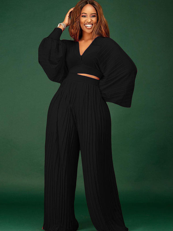 Long Sleeve V-Neck Top and Wide Leg Pants Set