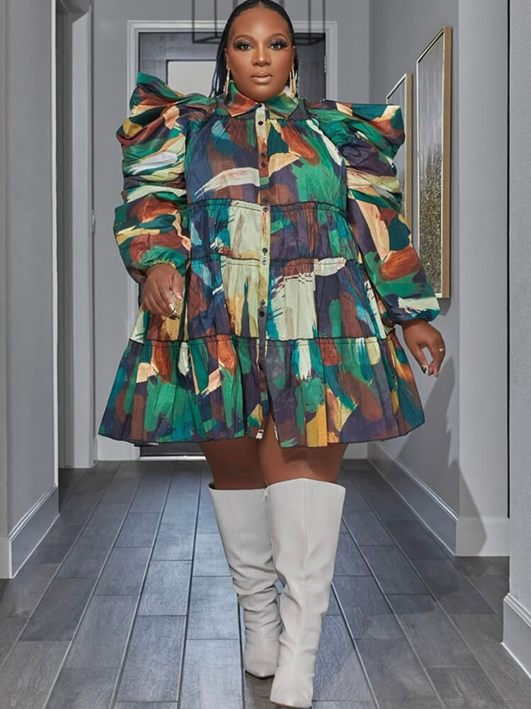 Long Sleeve Tie Dye Ruffle Mini Dresses