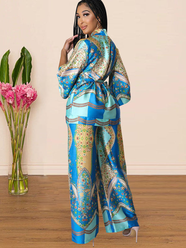 Two Piece Silk Print Pant Suits