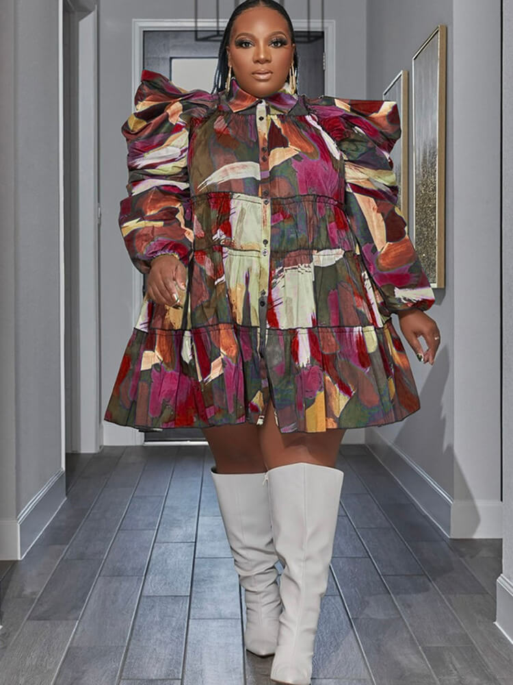 Long Sleeve Tie Dye Ruffle Mini Dresses